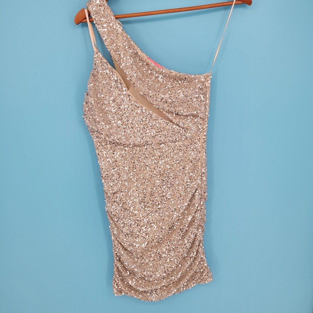 NWT Lilly's Kloset Sequin One Shoulder Mini Dress Champagne small formal cold
